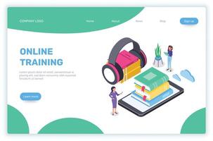 Two female students are using a smartphone with headphones and a stack of books to learn with online training courses, in this isometric illustration for e learning and knowledge concept vector