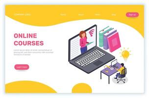 Online education isometric landing page with student learning using laptop and teacher explaining on the screen, books and light bulb symbolizing knowledge vector