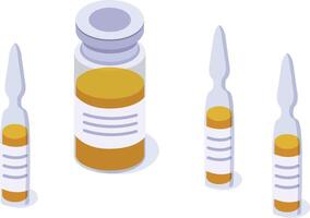 Glass ampoules and vials containing orange liquid medicine, with blank labels for adding information, are arranged on a white background, creating a medical and healthcare related scene vector
