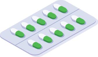 Blister pack containing ten green and white capsules arranged in two rows of five, presented in an isometric view, ideal for pharmaceutical or healthcare related projects vector