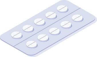 Blister pack containing round white pills with a dividing line is lying on a white surface, representing pharmaceutical products, healthcare, and medication vector