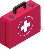 Closed red first aid kit with white cross isometric medical equipment is standing on white background representing healthcare, emergency and medicine vector