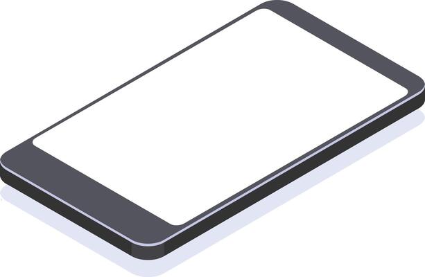 Isometric view of a modern smartphone with blank white screen, perfect for showcasing mobile apps or websites, with subtle shadow and sleek design