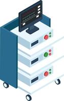 Medical cart with electronic devices and monitor displaying vital signs, representing healthcare technology and patient monitoring in a hospital setting vector