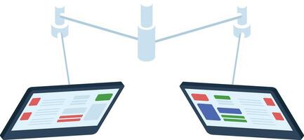 Two digital tablets displaying marketing data analysis are hanging from a central pole, representing a modern and connected approach to data visualization and business decision making vector