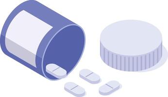 Open pill bottle dropping pills on white background with its cap aside, isometric view of pharmaceutical product for healthcare and medicine vector
