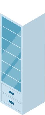 Isometric light blue showcase with glass shelves and drawers standing in room representing modern furniture for storing and displaying items