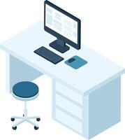 Isometric view of a workspace featuring a computer displaying data on its monitor, a keyboard, a mouse, and a rolling stool, suggesting a productive and organized office environment vector