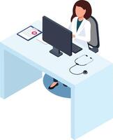 Doctor using computer with medical record, stethoscope, and keyboard at desk in hospital or clinic, healthcare and medical concept isometric illustration vector