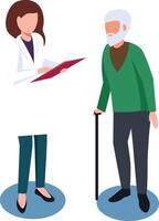 Doctor holding a clipboard while explaining a diagnosis to an elderly patient using a walking stick, highlighting the importance of communication in healthcare and medical treatment vector