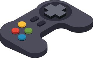 Gray wireless gamepad with colorful buttons and directional pad shown in isometric projection, representing gaming, entertainment, and leisure activities vector