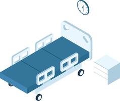 Adjustable empty hospital bed with bedside table and clock on white background representing healthcare, hospitalization, illness, recovery and the passage of time vector