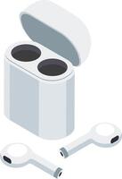 Modern white true wireless earphones charging inside an open white case, featuring a sleek isometric view against a clean white background, highlighting their minimalist design vector
