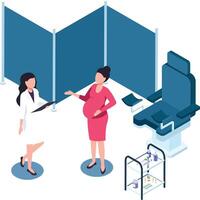 Gynecologist discussing medical report with expecting mother during consultation in hospital room, emphasizing healthcare and pregnancy support in a professional setting vector
