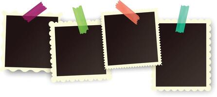 Four blank instant photos with scalloped edges hanging with colorful adhesive tape on white background creating a nostalgic and customizable template for memories and special moments vector