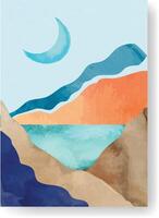 Minimalist abstract watercolor landscape painting featuring a crescent moon, mountains, and a lake, creating a serene and artistic nature scene vector