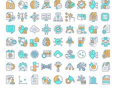 RAG RGB color icons set. Retrieval augmented generation in data processing. Content making AI tools. Isolated illustrations. Simple filled line drawings collection. Editable stroke vector