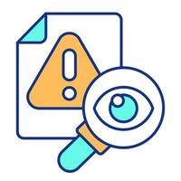 Reducing hallucinations RGB color icon. technology improvement. File with exclamation mark and magnifying glass. Isolated illustration. Simple filled line drawing. Editable stroke vector