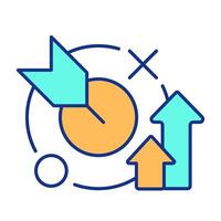 Target with arrow and raising charts RGB color icon. Effective data analytics. Business goal and strategy of development. Isolated illustration. Simple filled line drawing. Editable stroke vector