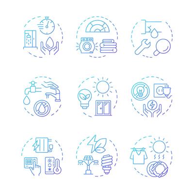 Water reuse blue gradient concept icons. Natural sources management. Liquid recycling processes. Eco friendly technology. Icon pack. Round shape illustrations for booklet. Abstract idea