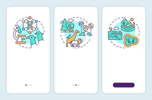 Types of biodiversity onboarding mobile app screen. Walkthrough 3 steps editable graphic instructions with linear concepts. UI, UX, GUI template vector