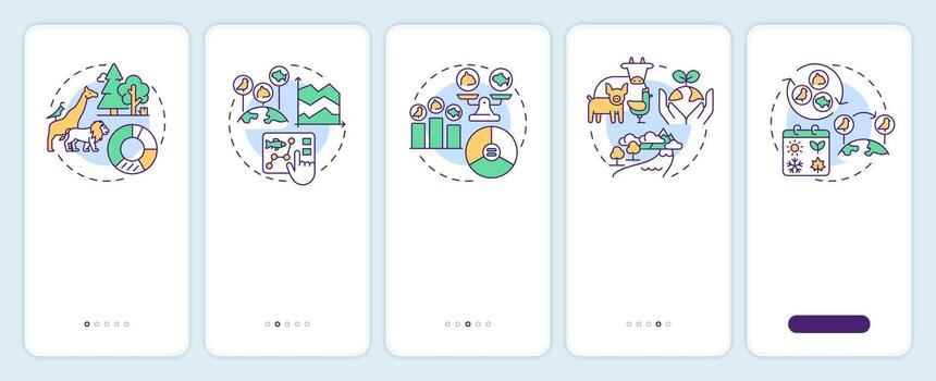Biodiversity measurement onboarding mobile app screen. Walkthrough 5 steps editable graphic instructions with linear concepts. UI, UX, GUI template vector