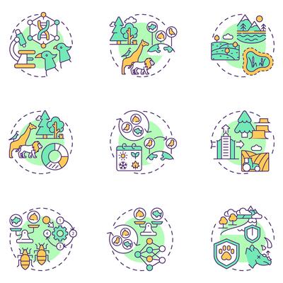Biodiversity multi color concept icons. Ecological balance. Habitat loss issues. Biological diversity types. Wildlife. Icon pack. Round shape illustrations. Abstract idea