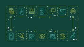 Telehealth dark green word concept. Integration of online technologies in medicine. Telemedicine. Horizontal image. Headline text surrounded by editable outline icons vector