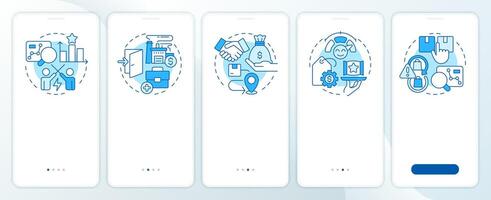 Porter 5 forces blue onboardingmobile app screen. Management. Walkthrough 5 steps editable graphic instructions with linear concepts. UI, UX, GUI template vector