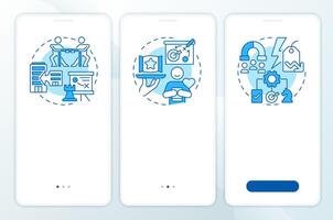 Types of competitive strategies blue onboardingmobile app screen. Walkthrough 3 steps editable graphic instructions with linear concepts. UI, UX, GUI template vector