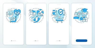 Society development blue onboarding mobile app screen. Walkthrough 4 steps editable graphic instructions with linear concepts. UI, UX, GUI template vector
