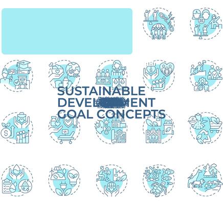 Sustainable development goal soft blue concept icons. Social justice, equality. Ecology, finance. Icon pack. Round shape illustrations for infographic, presentation. Abstract idea