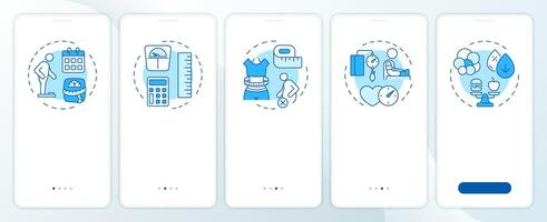 Obesity symptoms blue onboarding mobile app screen. Walkthrough 5 steps editable graphic instructions with linear concepts. UI, UX, GUI template vector