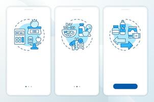 Calories management blue onboarding mobile app screen. Walkthrough 3 steps editable graphic instructions with linear concepts. UI, UX, GUI template vector