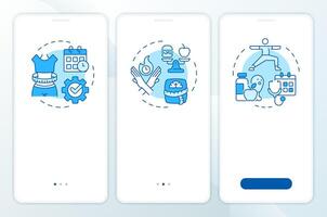 Weight loss blue onboarding mobile app screen. Walkthrough 3 steps editable graphic instructions with linear concepts. UI, UX, GUI template vector