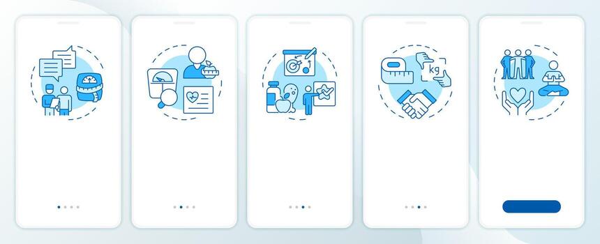 Obesity management blue onboarding mobile app screen. Walkthrough 5 steps editable graphic instructions with linear concepts. UI, UX, GUI template vector