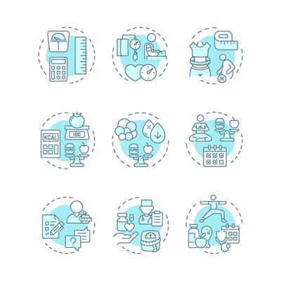 Weight management soft blue concept icons. Body mass index. Nutrition diet, healthy food. Icon pack. Round shape illustrations for infographic, presentation. Abstract idea
