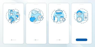 Food hygiene blue onboarding mobile app screen. Walkthrough 4 steps editable graphic instructions with linear concepts. UI, UX, GUI template vector