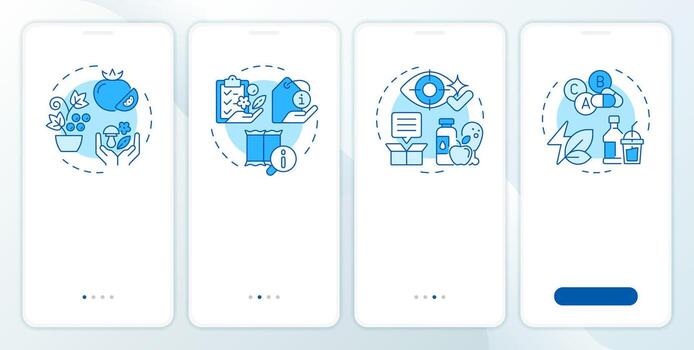 Food industry blue onboarding mobile app screen. Walkthrough 4 steps editable graphic instructions with linear concepts. UI, UX, GUI template vector