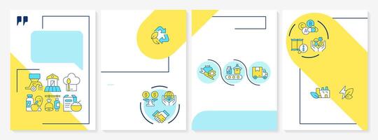 Food system sustainability pillars blue and yellow brochure template. Green production. Leaflet design with linear icons. Editable 4 layouts vector