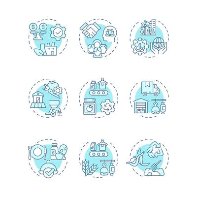 Sustainable food systems soft blue concept icons. Products safety, sustainability. Industry, regulation. Icon pack. Round shape illustrations for infographic. Abstract idea