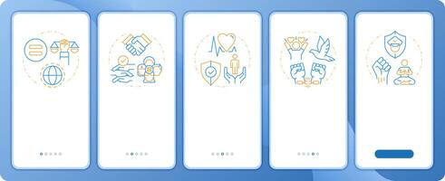 Social equality freedom app onboarding screens. Duo tone illustration. UI design flow. 5 steps walkthrough mobile interface slide layout vector