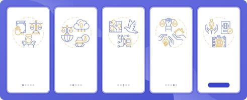 Human law rights app onboarding screens. Innocence, freedom. Duo tone illustration. UI design flow. 5 steps walkthrough mobile interface slide layout vector