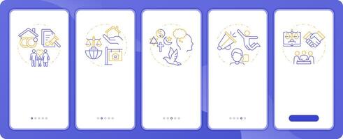 Social rights freedom app onboarding screens. Duo tone illustration. UI design flow. 5 steps walkthrough mobile interface slide layout vector