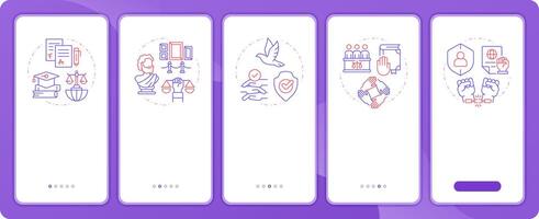 Social culture rights app onboarding screens. Duo tone illustration. UI design flow. 5 steps walkthrough mobile interface slide layout vector