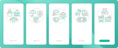 Public service rights app onboarding screens. Duo tone illustration. UI design flow. 5 steps walkthrough mobile interface slide layout vector