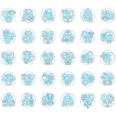 Human rights soft blue concept icons. Law freedom, justice. Social equality, democracy. Icon pack. Round shape illustrations for infographic, presentation. Abstract idea