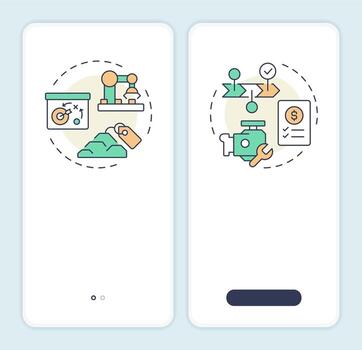 MRP onboarding mobile app screen. Industrial planning. Walkthrough 2 steps editable graphic instructions with linear concepts. UI, UX, GUI template vector