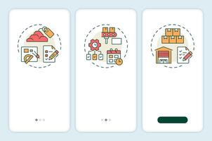 MRP input onboarding mobile app screen. Industry management. Walkthrough 3 steps editable graphic instructions with linear concepts. UI, UX, GUI template vector