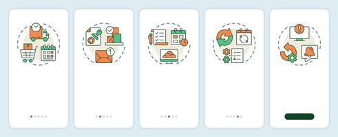 MRP outputs onboarding mobile app screen. Manufacturing planning. Walkthrough 5 steps editable graphic instructions with linear concepts. UI, UX, GUI template vector